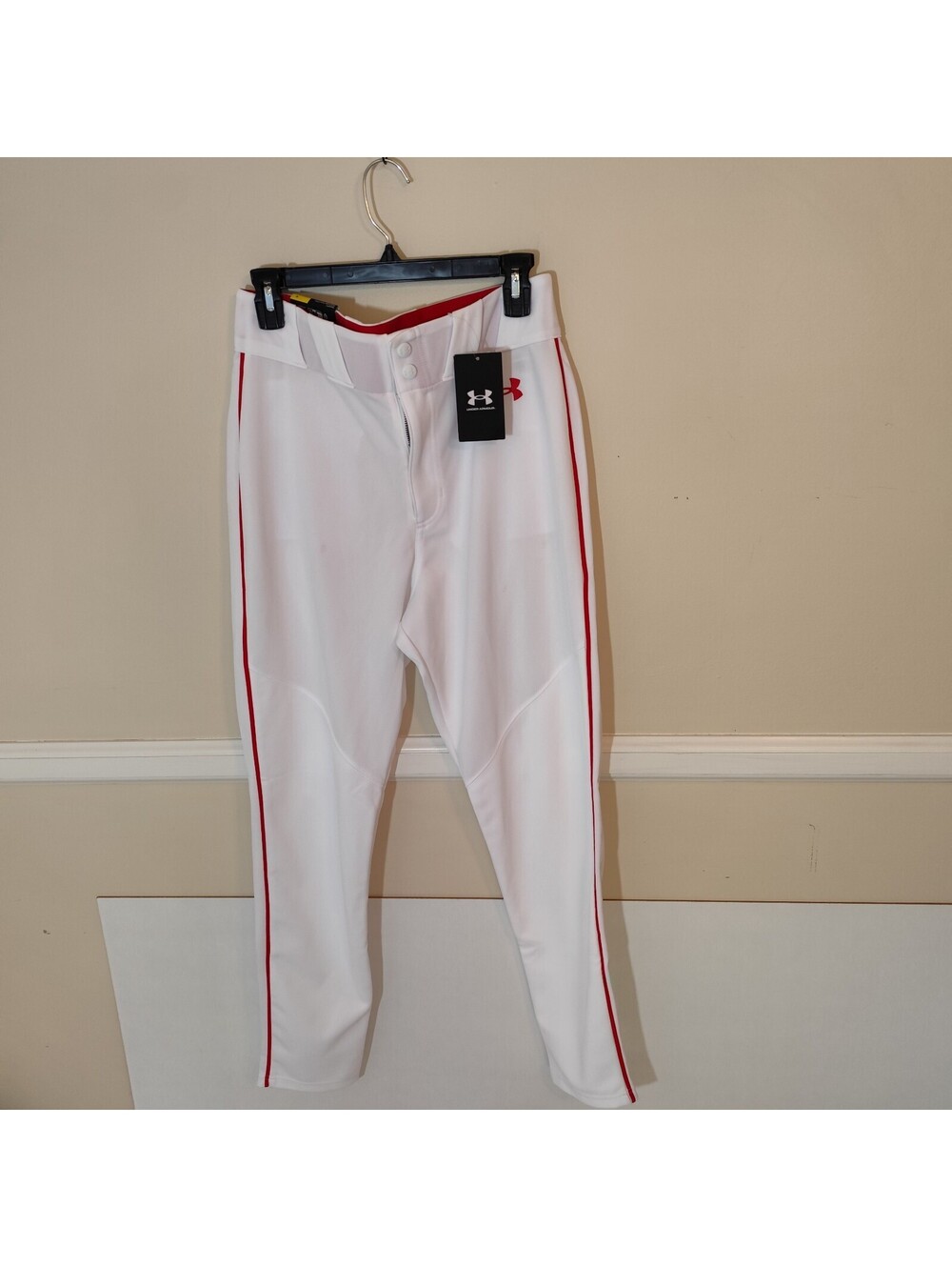 Under Armour Men's Utility Piped Baseball Pants White Red Size M Tapered Fit New
